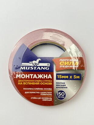 Стрічка клейка двостор. на вспіненій осн. МОНТАЖНА MUSTANG 15мм*5м