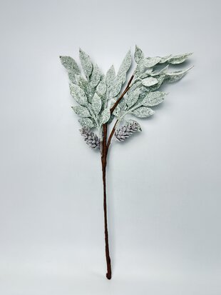 Декор QM23-027 Штучна гілка Іній та шишка. Зелений. білий. 64 см