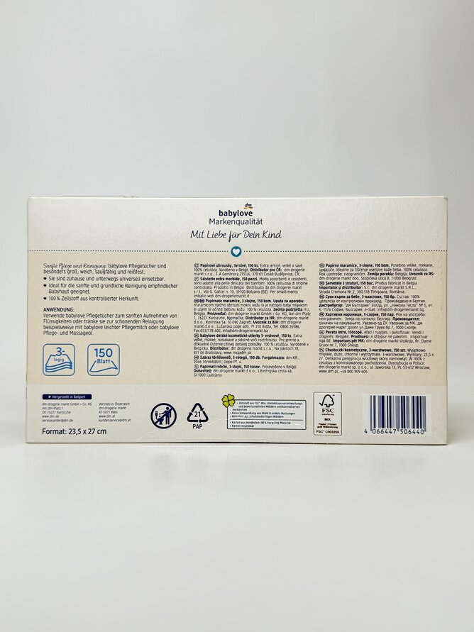 babylove Дитячі серветки сухі 3-шарові Babypflegetucher trocken 150St