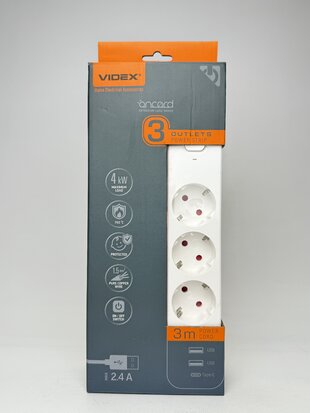 Мережевий подовжувач VIDEX ONCORD 3п 3м 1.5мм 2.4А 2USB+USB-C з/з та кнопкою White PD33G2U1C-W