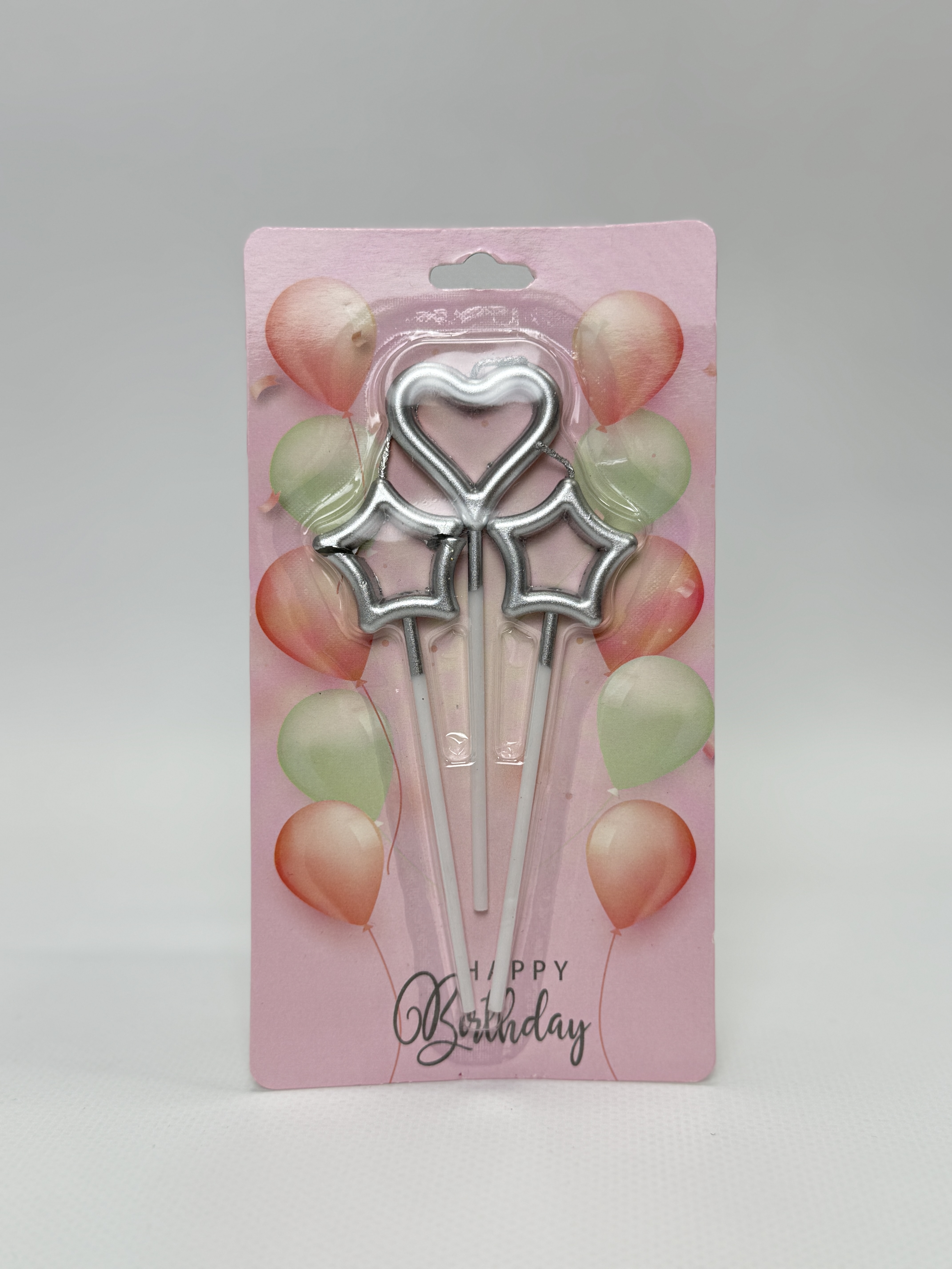 Свічки для торта "Зірки і серце" срібло 3 шт/уп.