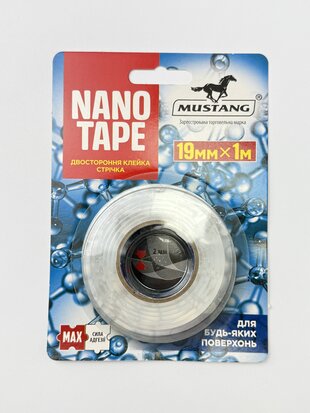 Стрічка клейка двостор. NANO TAPE MUSTANG прозора 19мм*1м